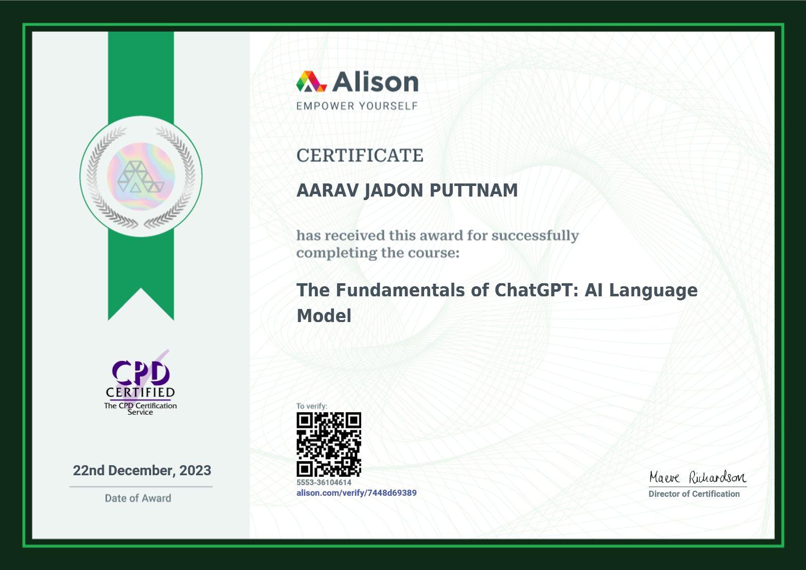 The Fundamentals of ChatGPT: AI Language Model certificate