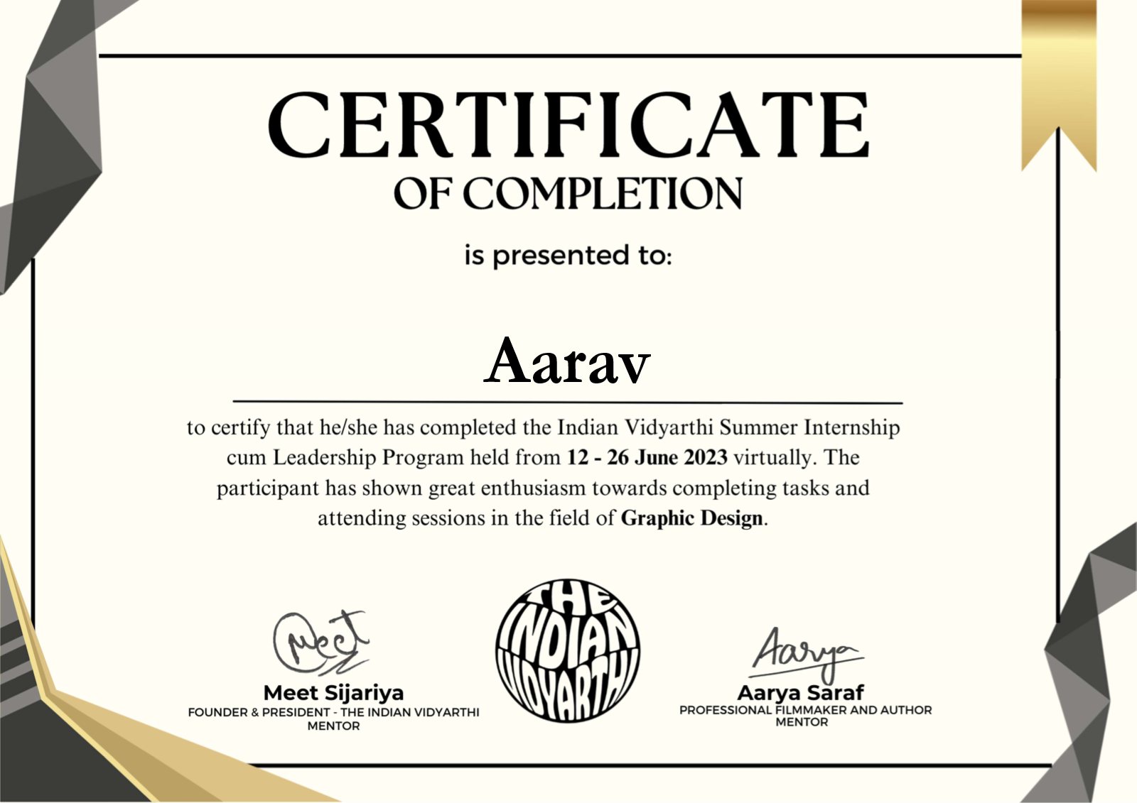 Graphic Design Summer Internship certificate