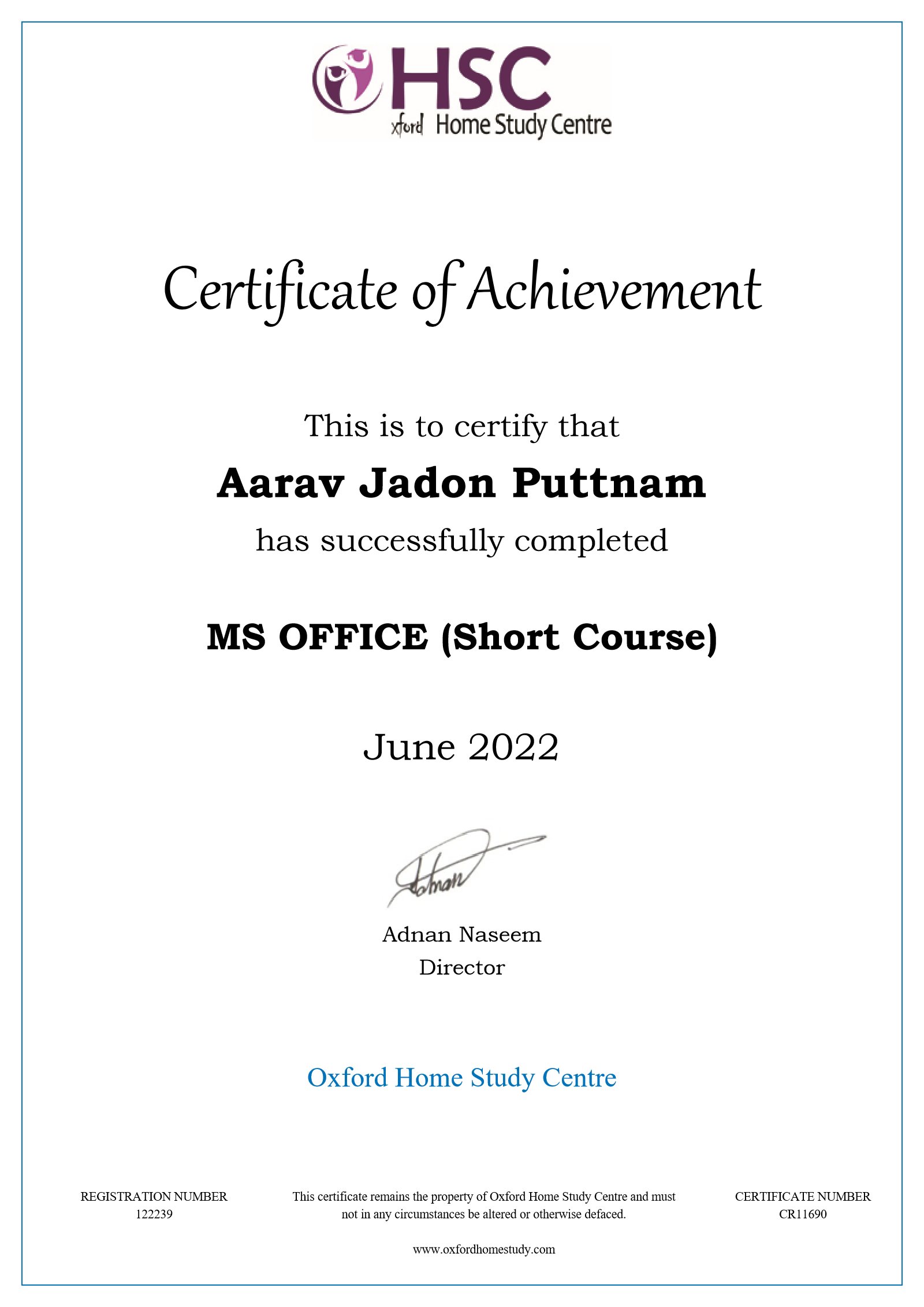MS Office (Short Course) certificate