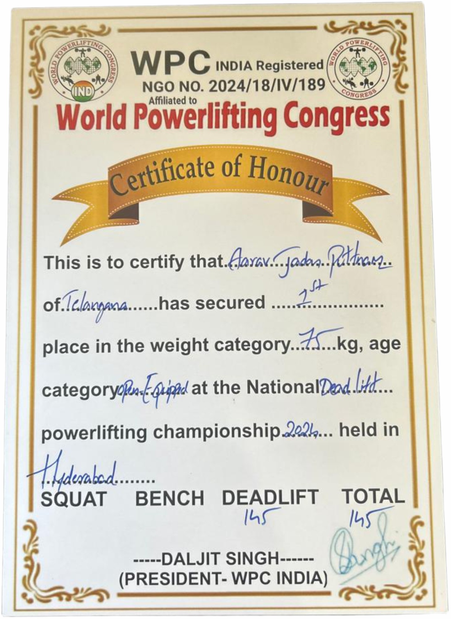 National Deadlift certificate